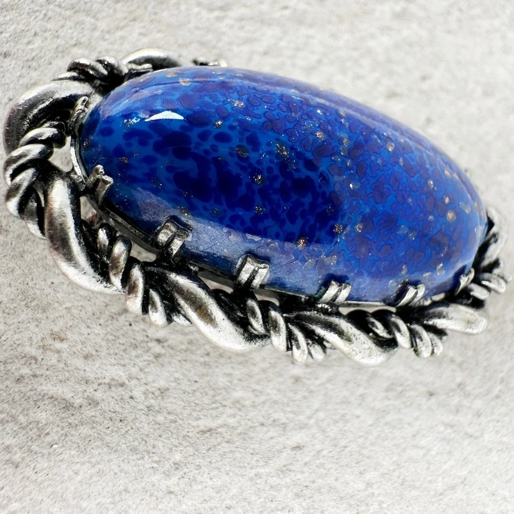 Vintage Western Germany Goldstone Blue Brooch Oval Cabochon‎ Rope Twist